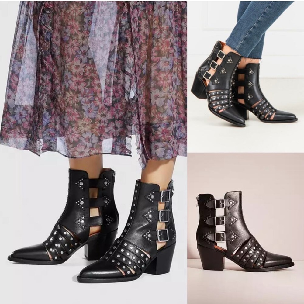 Coach Pheobe Studded Cutout Pointed-Toe Buckle Black Leather Ankle Bootie 7